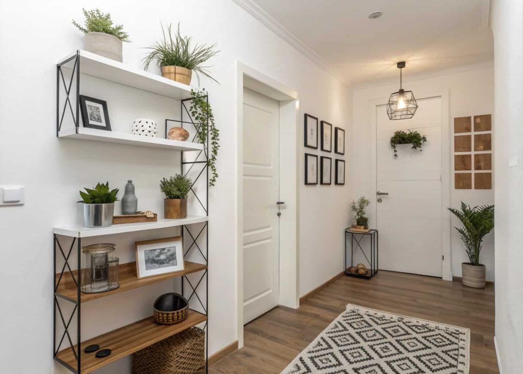 Apartment small home entrance wall decor with floating cube shelves, minimalist decorative items, compact entryway