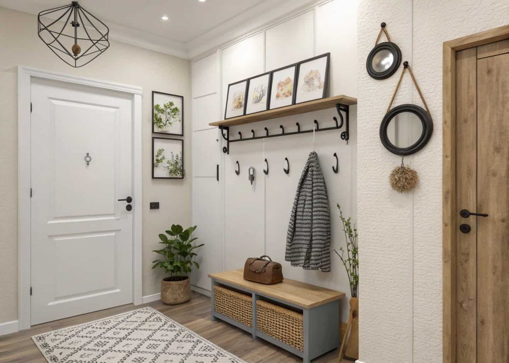 Apartment small home entrance wall decor with decorative hooks and small mirrors, compact stylish entryway