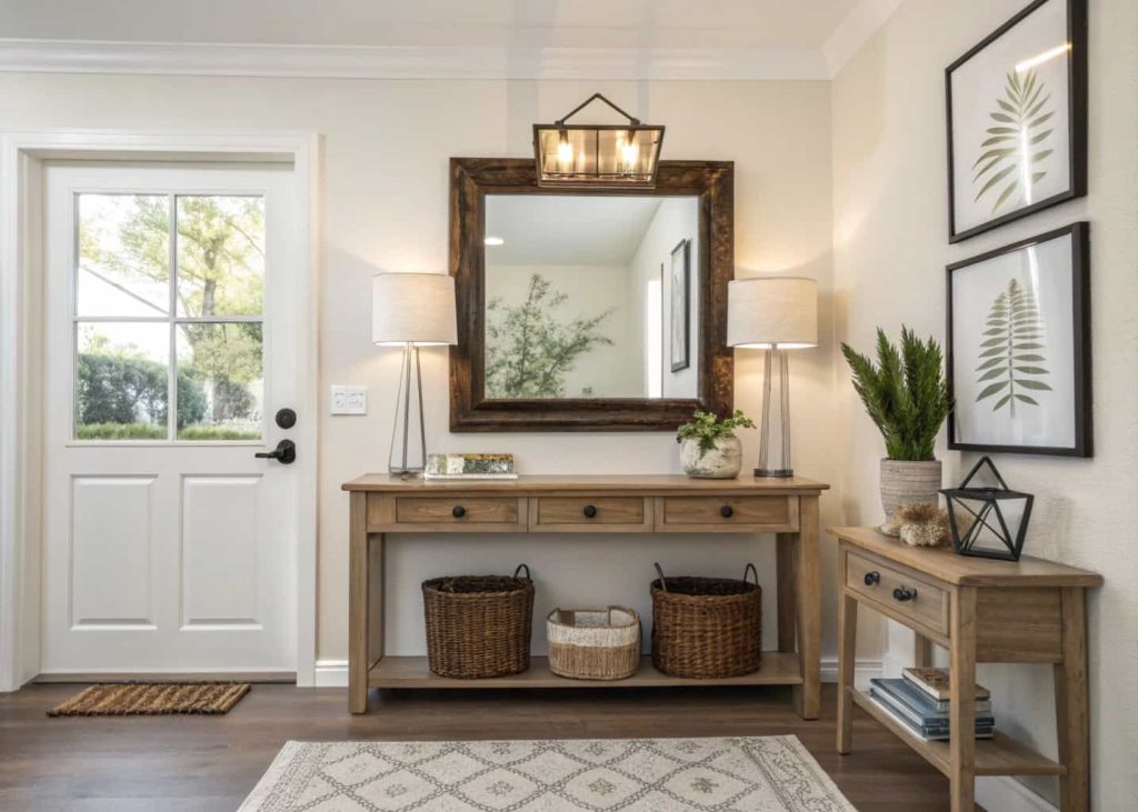 Small home entrance decor with large wall mirror above console table, elegant frame, bright compact entryway