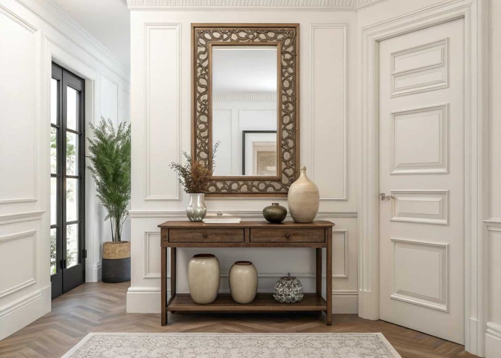 Small home entrance decor DIY framed mirror, decorative molding, stylish compact entryway