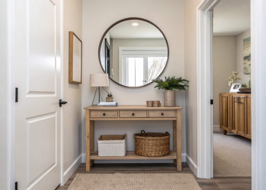 Small home entrance decor with round mirror, minimal console, compact and airy entryway