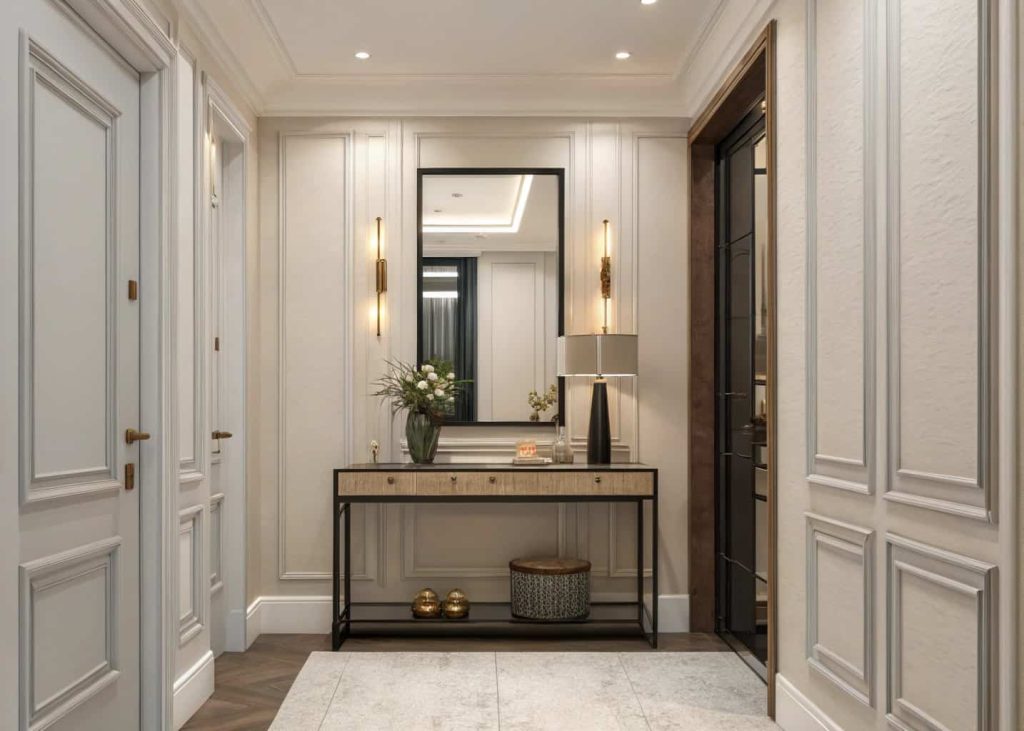 Small home entrance decor with vertical mirror, narrow hallway, slim console, modern elegant design