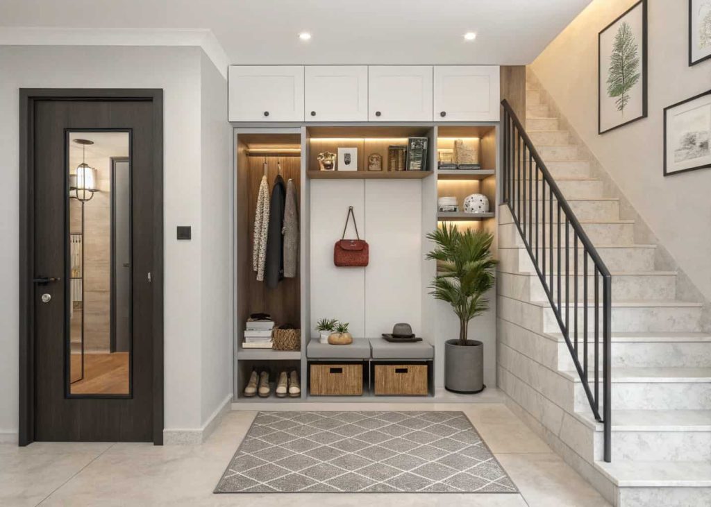 Small home entrance decor with mirrored storage cabinet, organized compact entryway, stylish modern interior