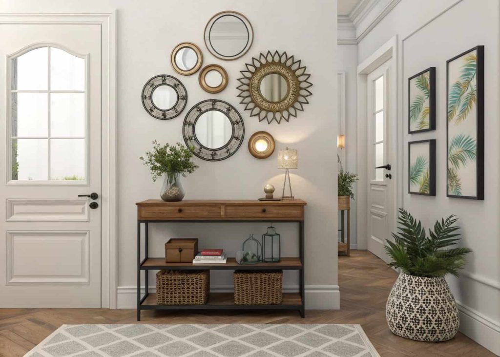 Small home entrance decor with cluster of decorative mirrors, stylish compact entryway, modern eclectic style