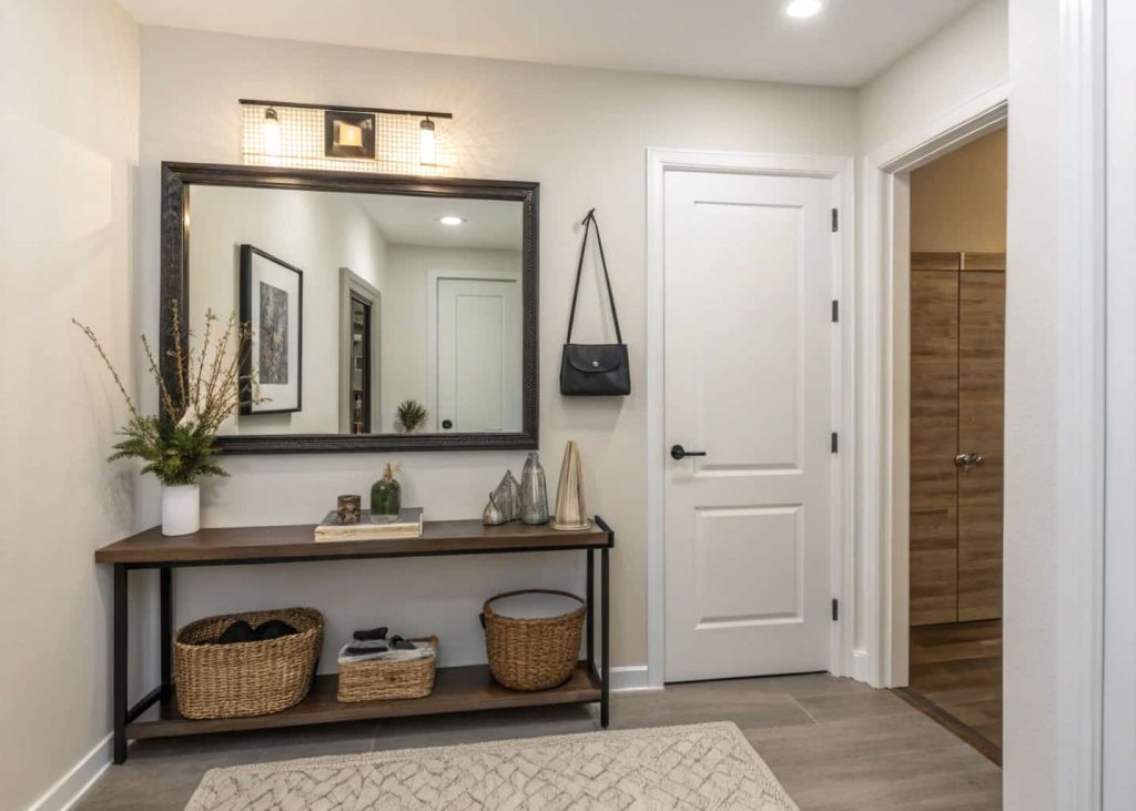 Small home entrance decor with wall mirror and floating shelf, minimalist accessories, compact stylish entryway