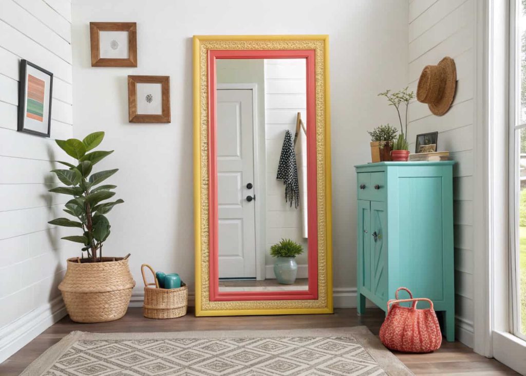 Small home entrance decor DIY mirror with painted frame, compact stylish entryway, colorful accent