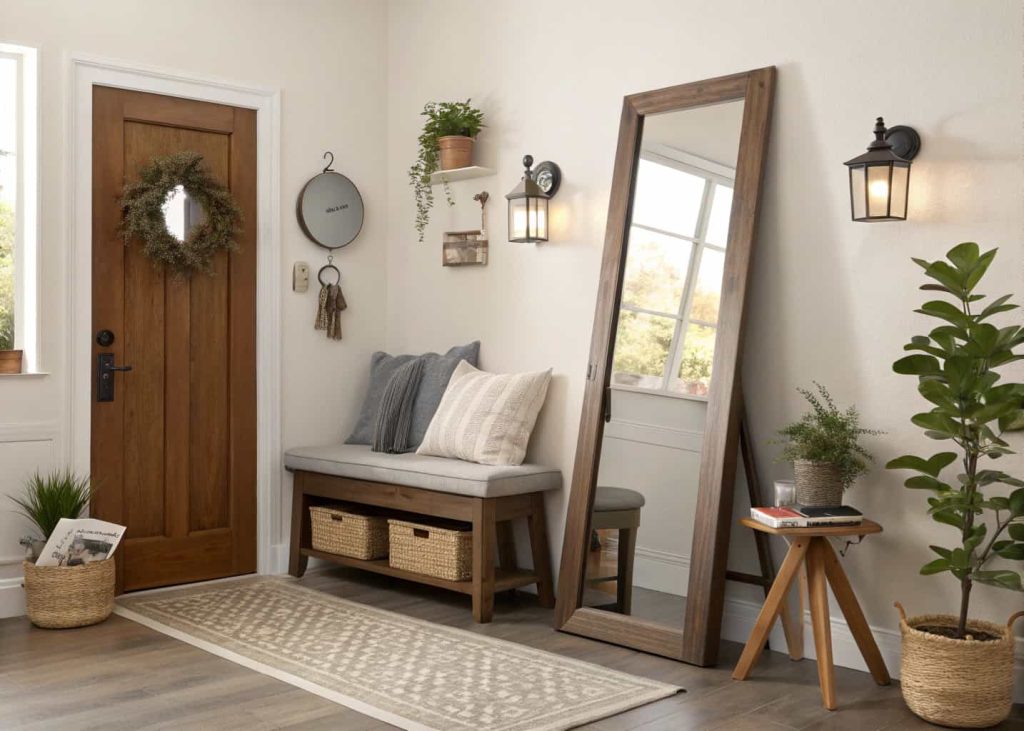 Small home entrance decor with leaning full-length mirror, cozy bench, compact stylish entryway