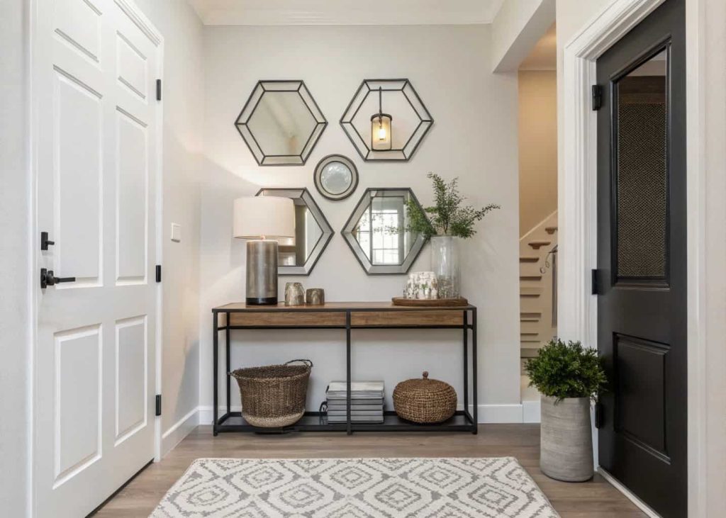 Small home entrance decor with geometric mirrors, modern minimalist style, stylish compact entryway