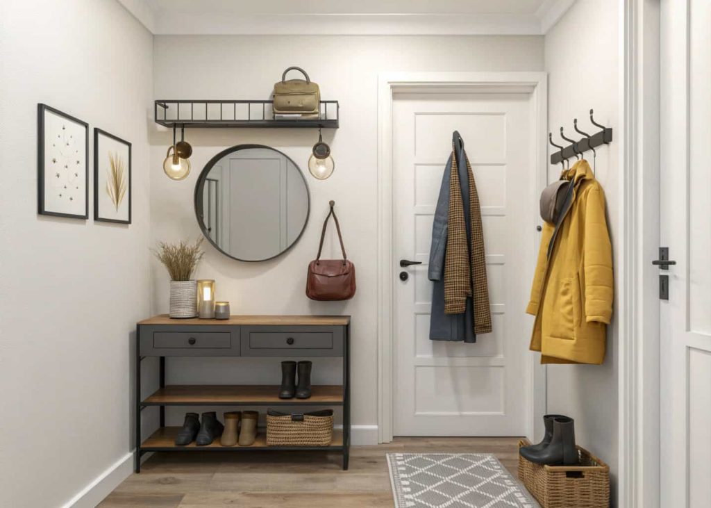 Small home entrance decor with mirror and wall hooks, compact functional entryway, stylish design