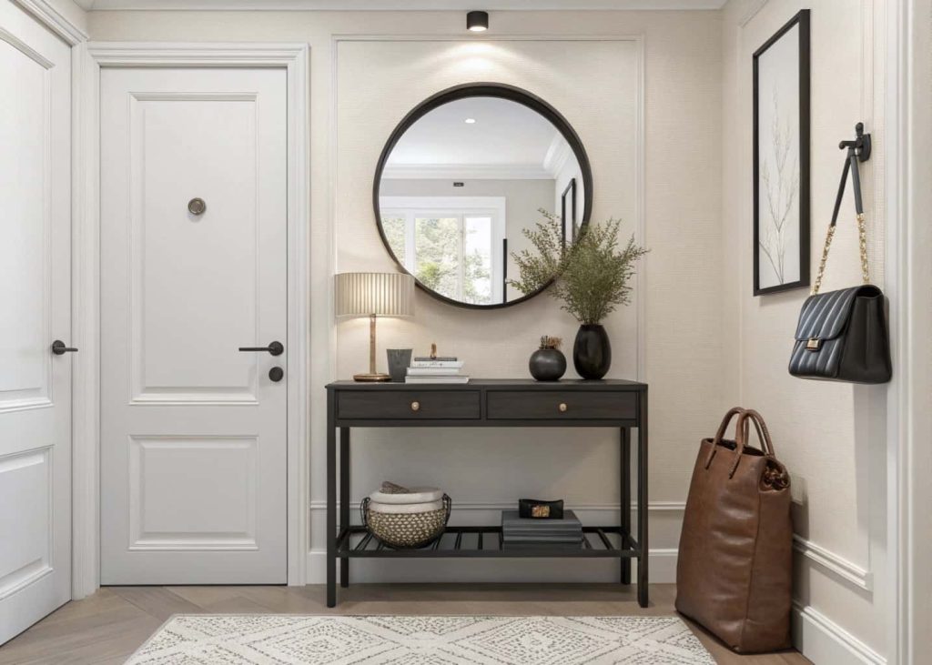 Small home entrance decor with round mirror and console table, minimalist accessories, compact stylish entryway
