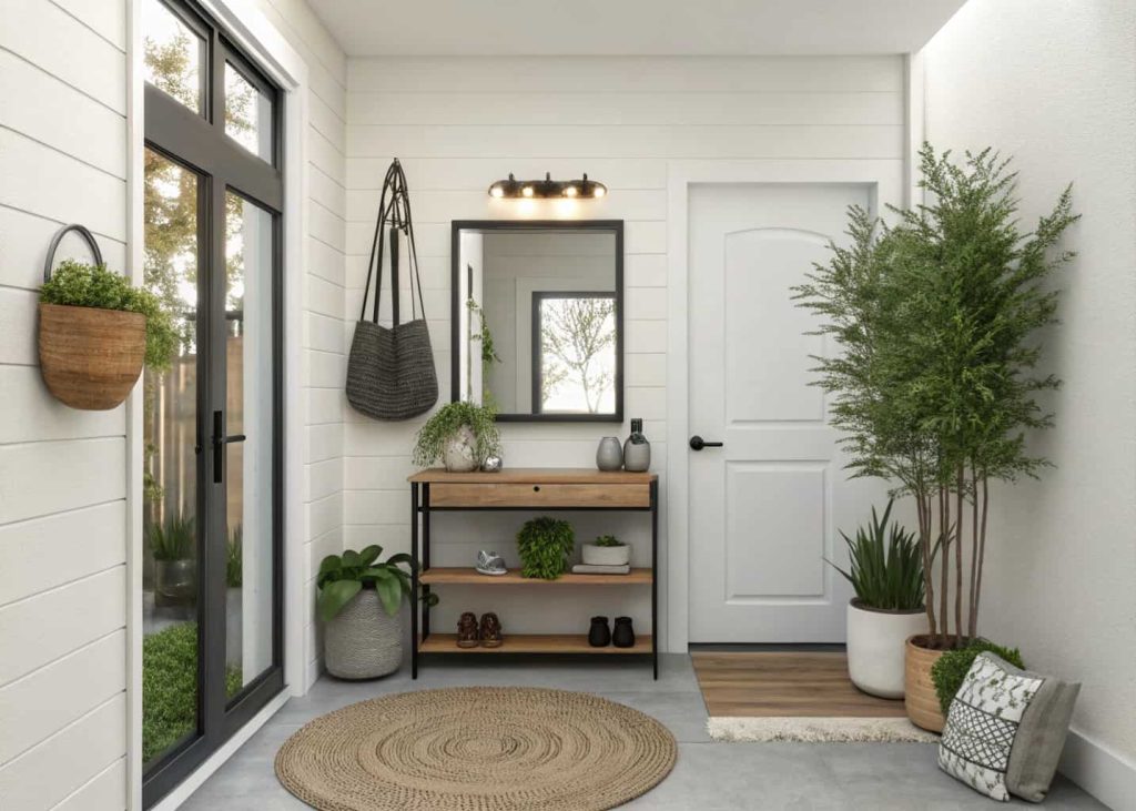 Small home entrance decor with mirror, floating shelf, and plants, compact modern stylish entryway