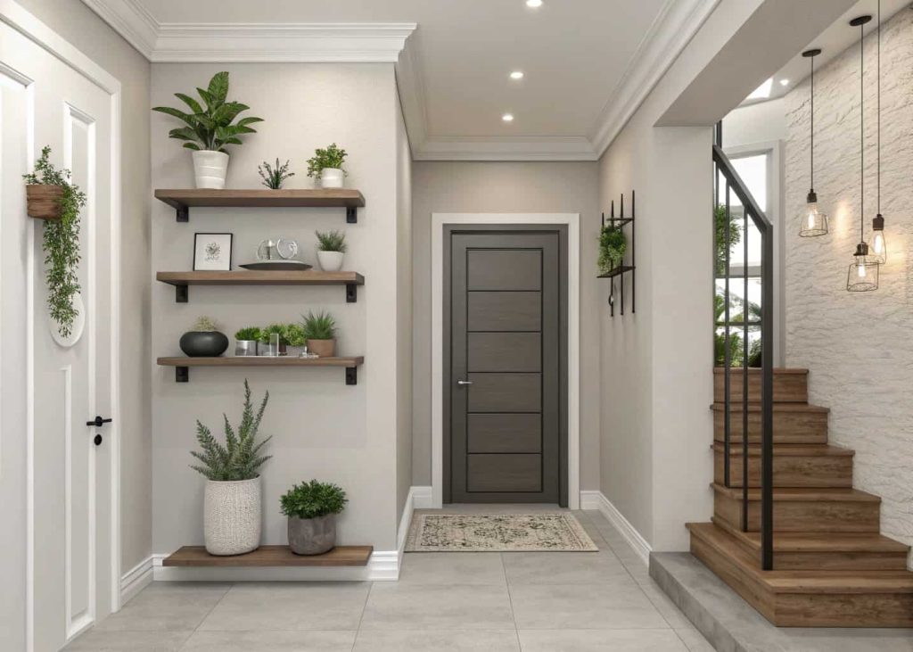 Small home entrance decor DIY with floating shelves, decorative plants, neutral paint, modern minimalist style