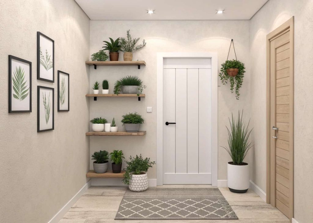 Small home entrance decor DIY ladder coat rack, rustic wood, hanging coats, compact stylish entryway