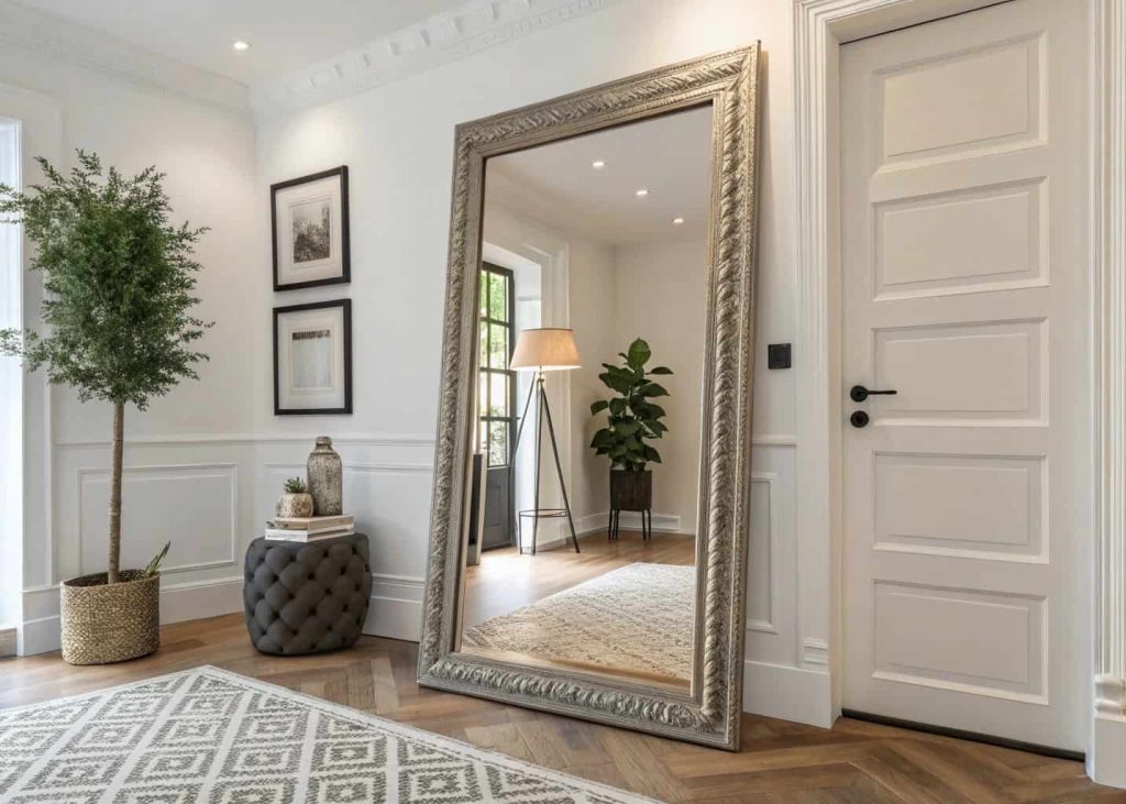 DIY framed mirror in small home entrance decor, elegant frame, bright compact space, modern stylish entryway