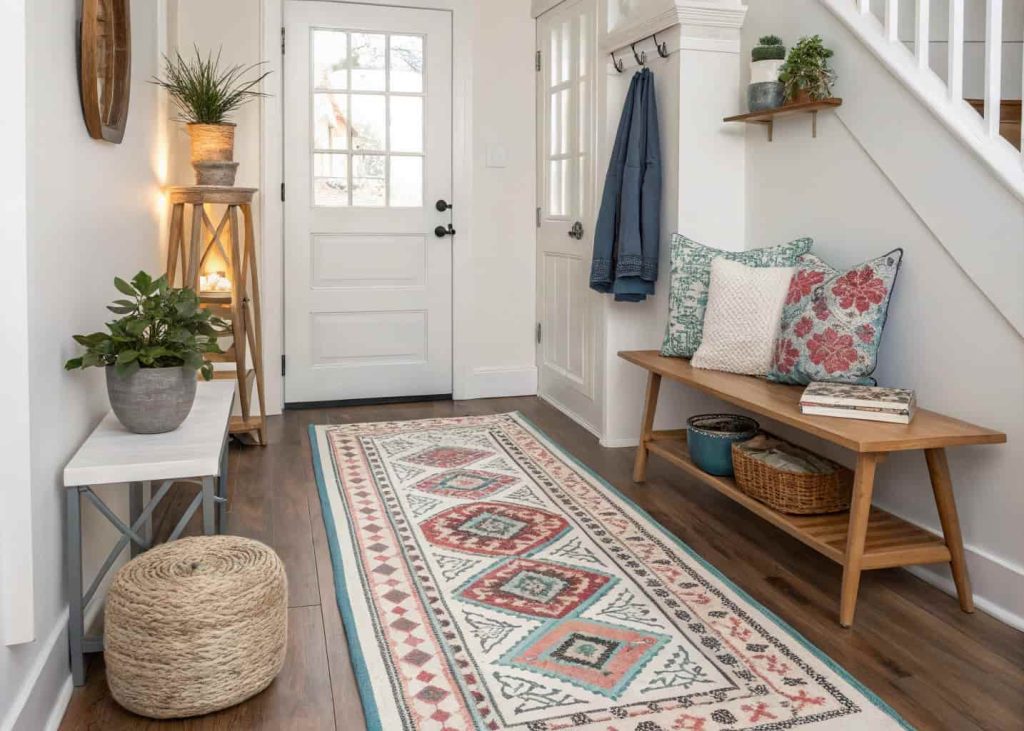Small home entrance decor DIY painted rug, patterned runner, cozy and stylish compact entryway
