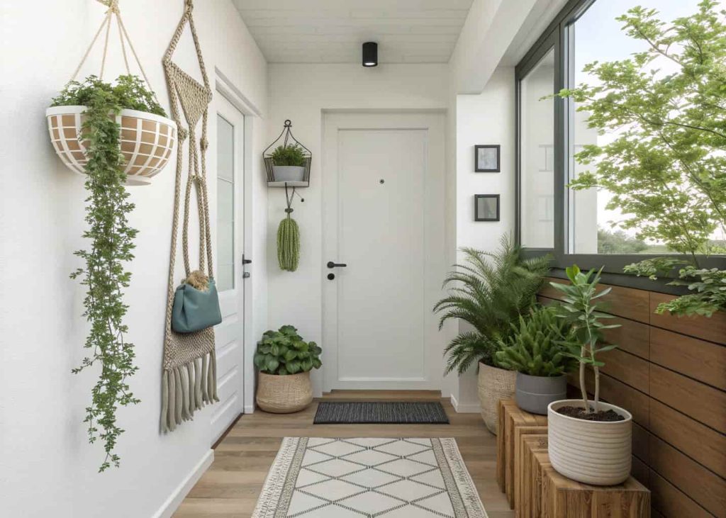 Small home entrance decor DIY hanging plants, macramé holders, fresh green compact entryway, modern style