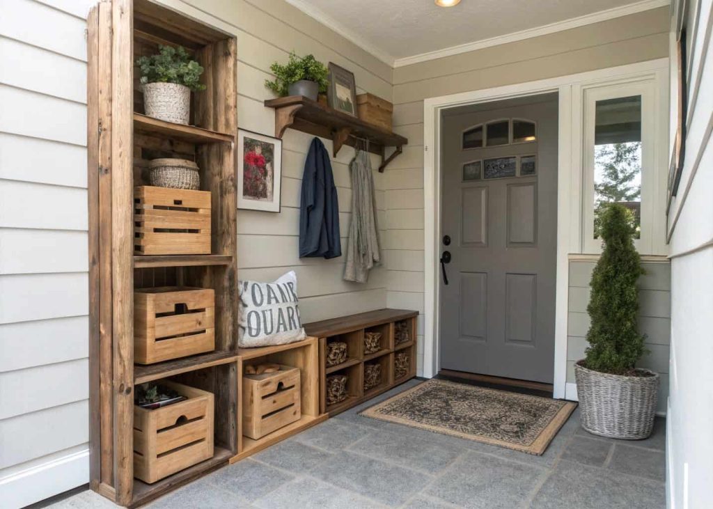 Small home entrance decor DIY with wooden crate storage, compact organized entryway, rustic modern style