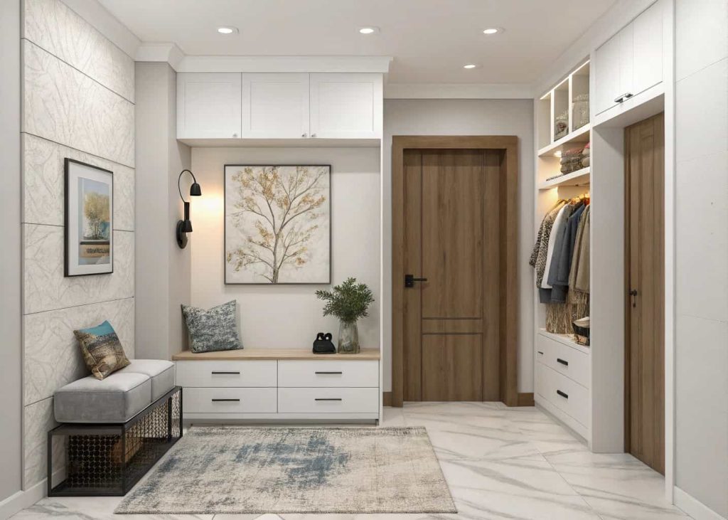 Small home entrance decor DIY wall art, abstract canvas, compact entryway, stylish modern interior