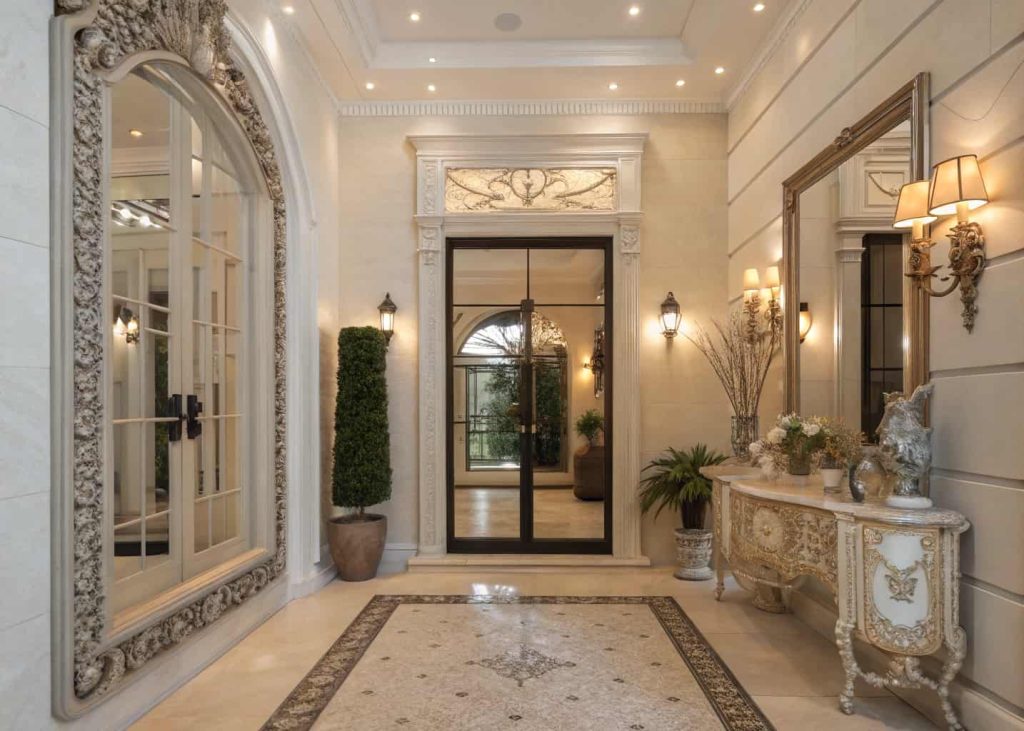 Small home entrance decor luxury with large ornate mirror, reflective surfaces, elegant and airy interior
