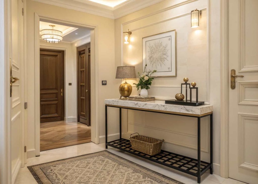Small home entrance decor luxury with narrow console table, marble top, decorative tray, minimal elegant styling