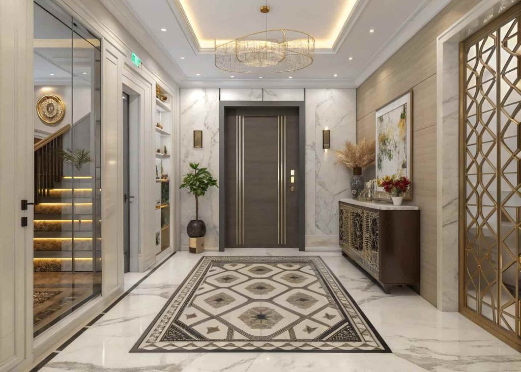 Small home entrance decor luxury with patterned rug, marble or tile flooring, elegant modern compact entryway