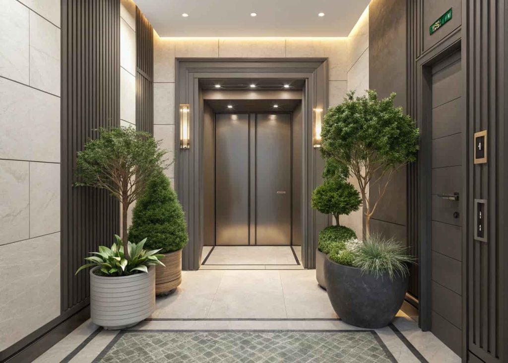 Small home entrance decor luxury with indoor plants in stylish pots, compact elegant entryway, modern sophisticated look