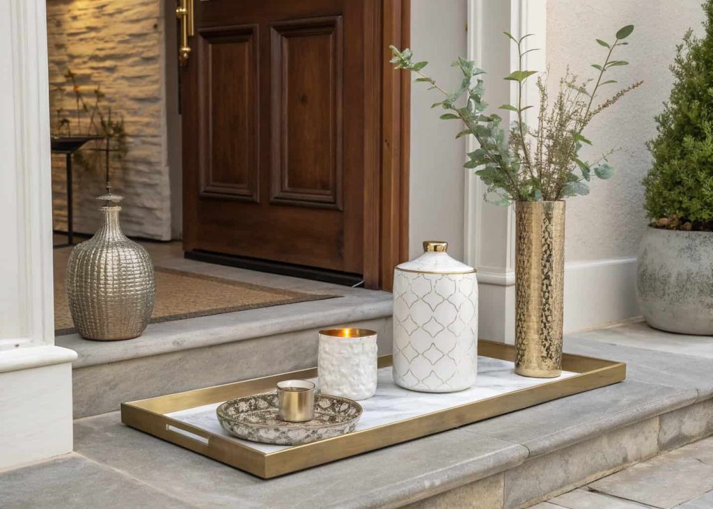 Small home entrance decor luxury with minimal elegant accessories, marble tray, vase, and metallic accents