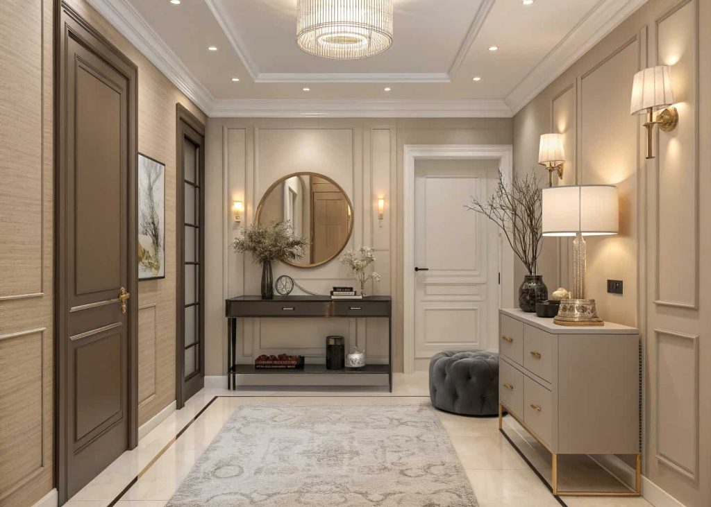 Small home entrance decor luxury with neutral color palette, soft lighting, elegant and modern compact entryway