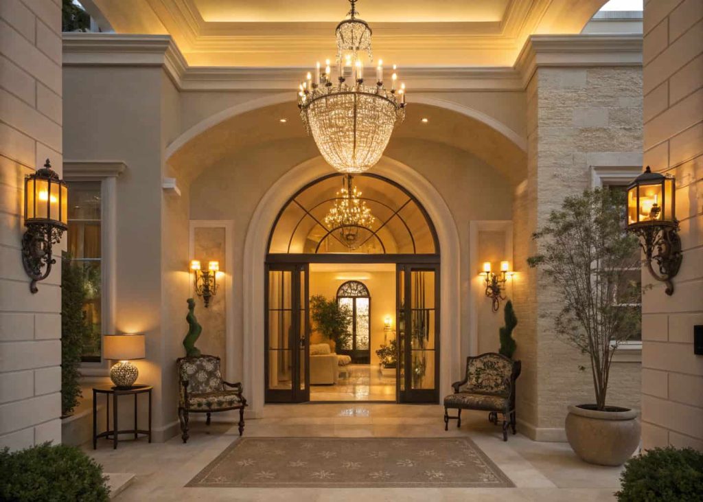 Luxury home entrance decor with elegant chandelier and wall sconces, warm golden lighting, stylish interior