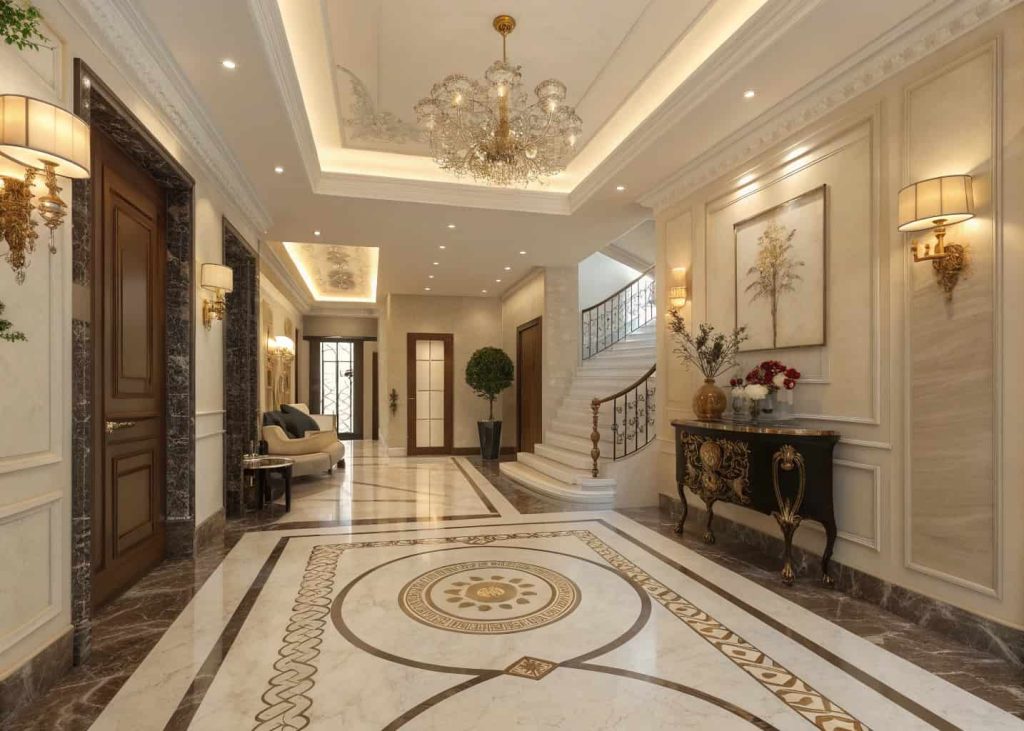 Luxury home entrance decor with marble flooring, elegant patterns, warm lighting, stylish foyer