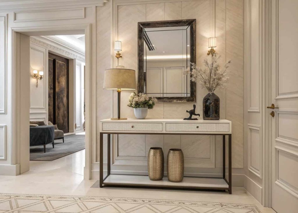 Designer console table in luxury home entrance decor, mirror above, minimal elegant styling, neutral tones