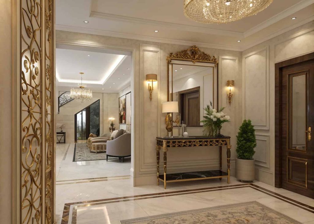 Luxury home entrance decor with large decorative mirror, elegant frame, soft lighting, stylish interior
