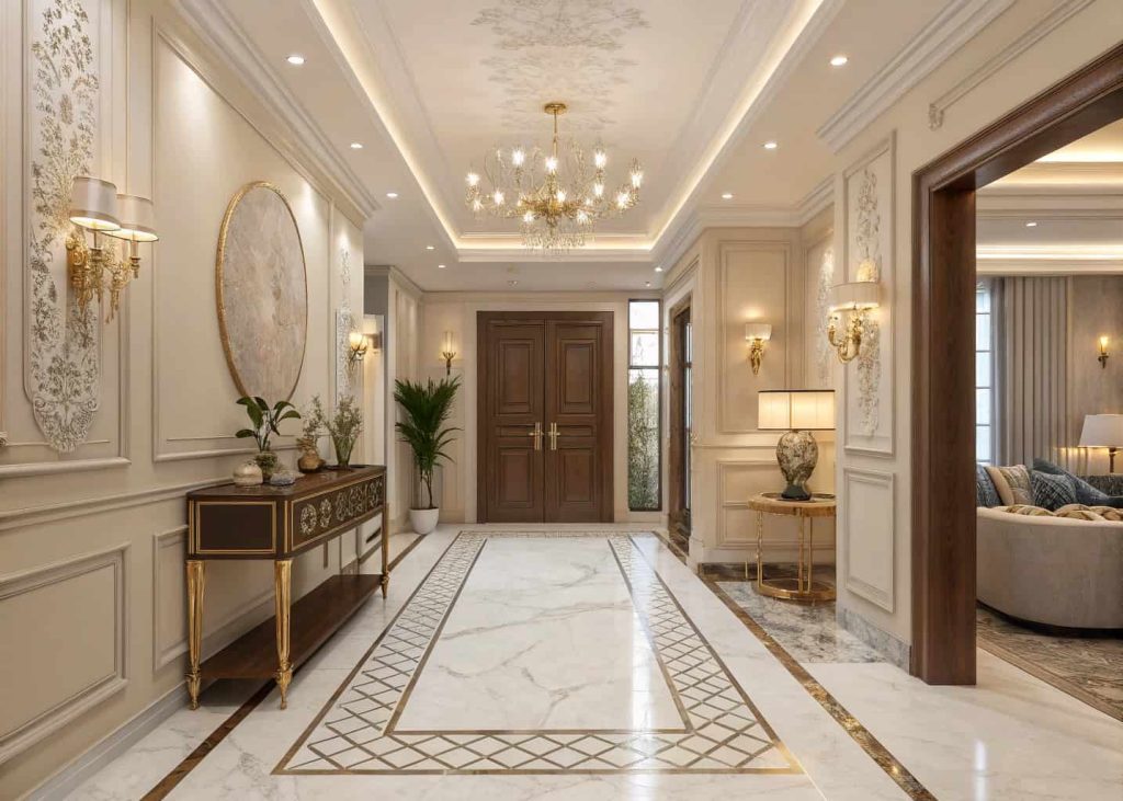 Luxury home entrance decor with neutral color palette, rich accents, elegant and stylish design