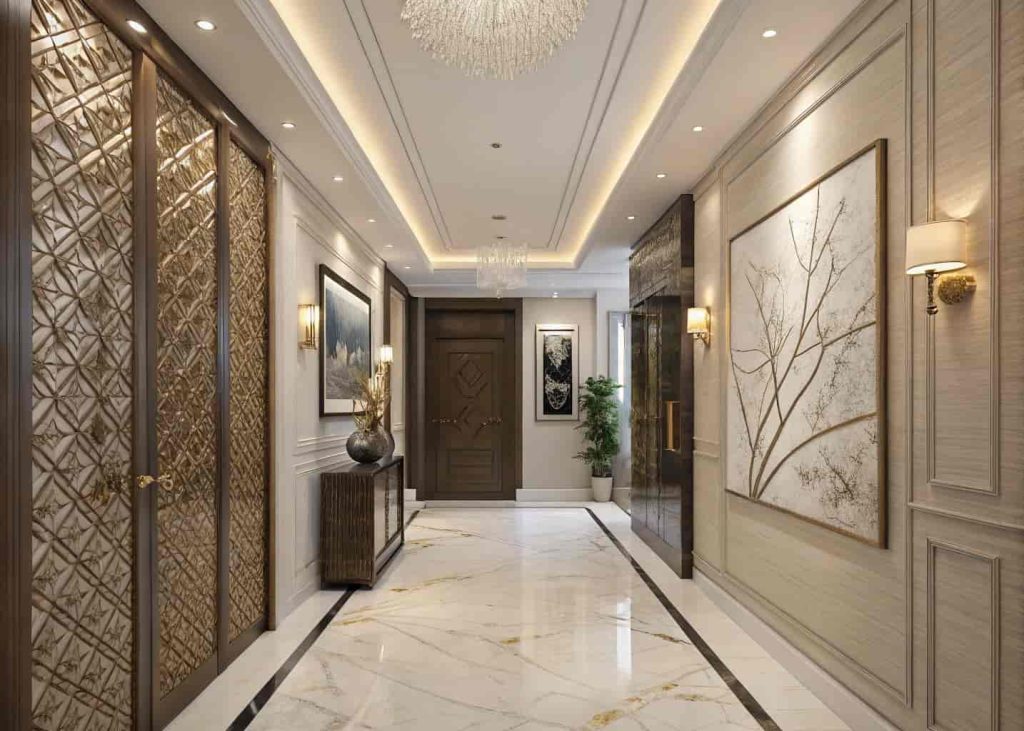 Luxury home entrance decor with wall art and textured panels, stylish and elegant interior