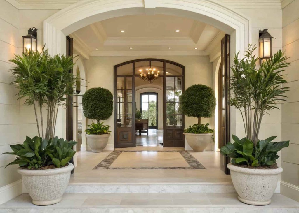 Luxury home entrance decor with indoor plants, elegant planters, fresh and stylish entryway