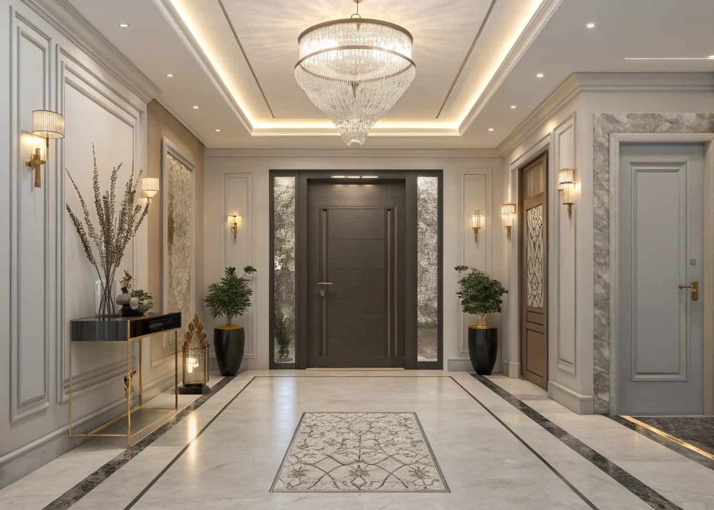 Luxury home entrance decor with minimal accessories, elegant styling, refined details