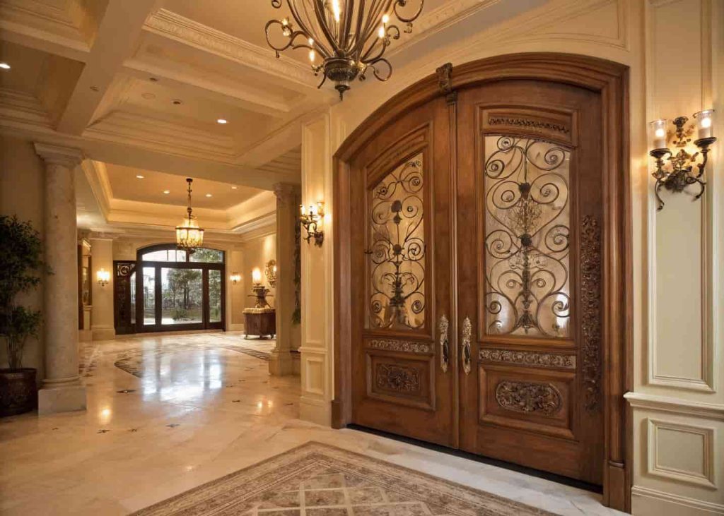 Luxury classic home entrance decor with carved wooden double door, antique brass handles, warm lighting, grand traditional style