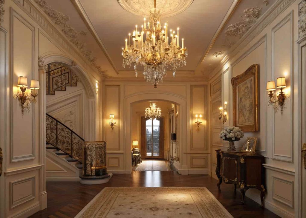 Classic luxury home entrance decor with chandelier and wall sconces, warm golden lighting, elegant traditional interior