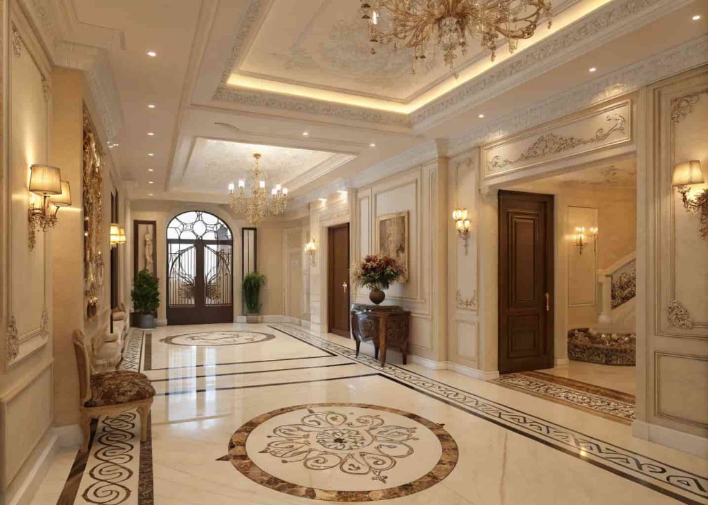 Luxury classic home entrance decor with marble flooring, elegant patterns, warm lighting, grand foyer look