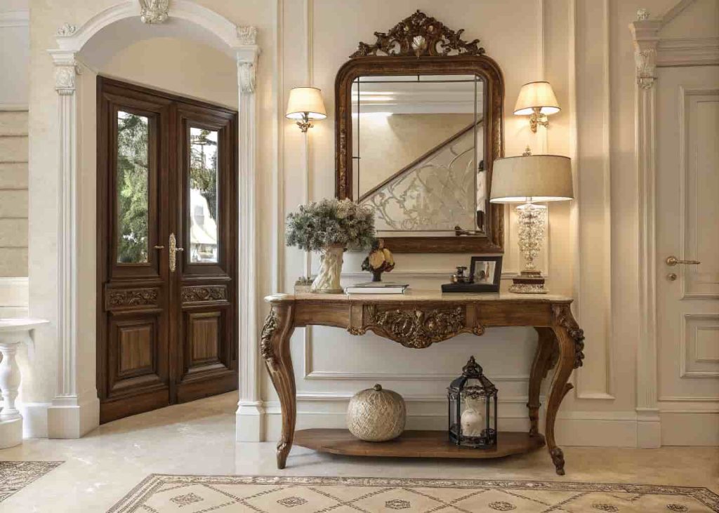 Classic luxury home entrance decor with carved wooden console table, mirror, lamp, elegant accessories