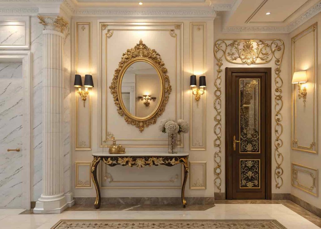Luxury classic home entrance decor with ornate gold-framed mirror, warm lighting, traditional elegance