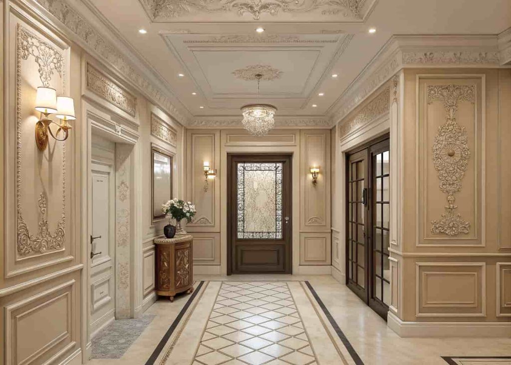 Classic luxury home entrance decor with wall moldings and panels, neutral tones, elegant traditional style