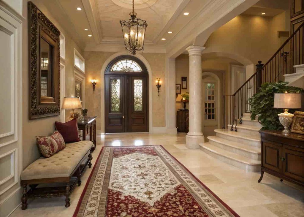 Luxury classic home entrance decor with Persian rug, upholstered bench, rich textures, warm tones