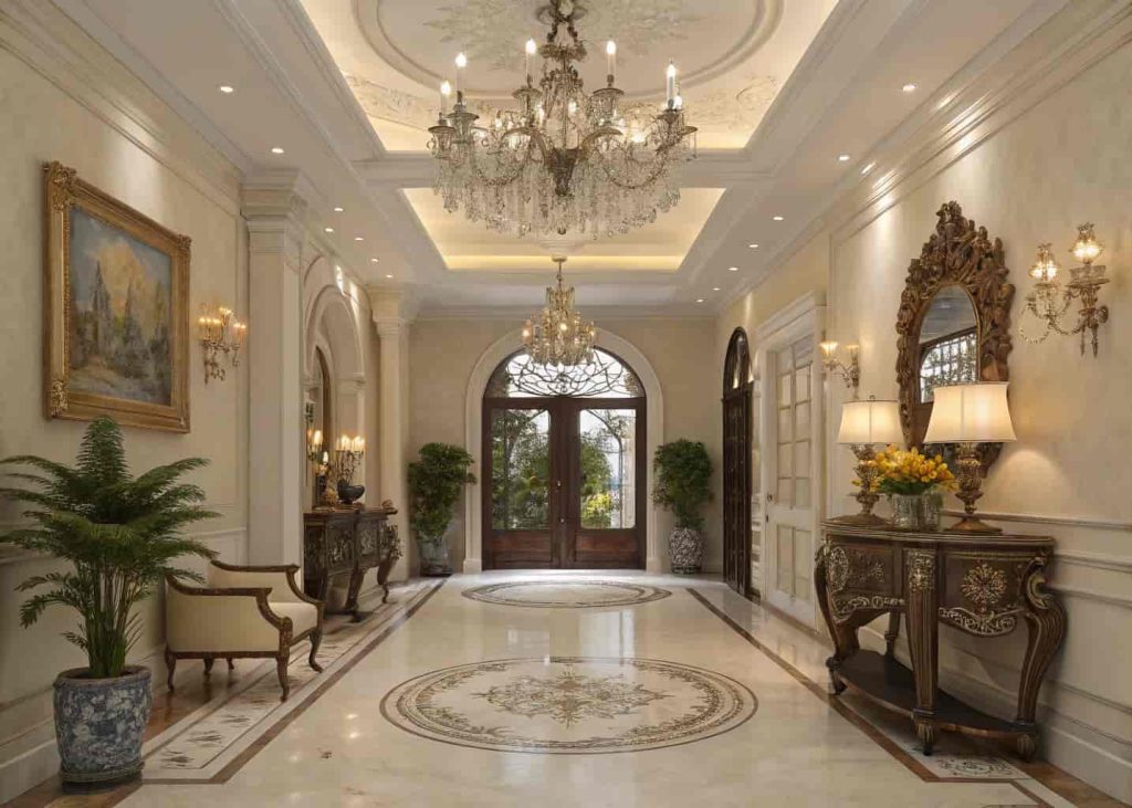 Classic luxury home entrance decor with decorative accessories, antique accents, elegant styling