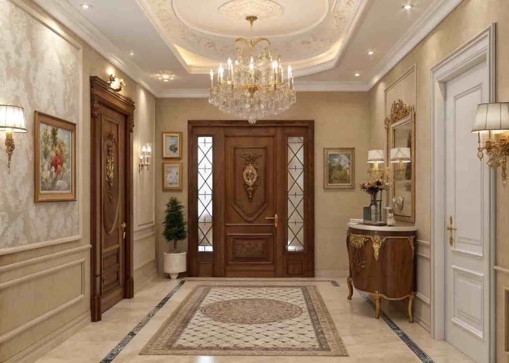 Luxury classic home entrance decor with warm neutral color palette, elegant and timeless interior