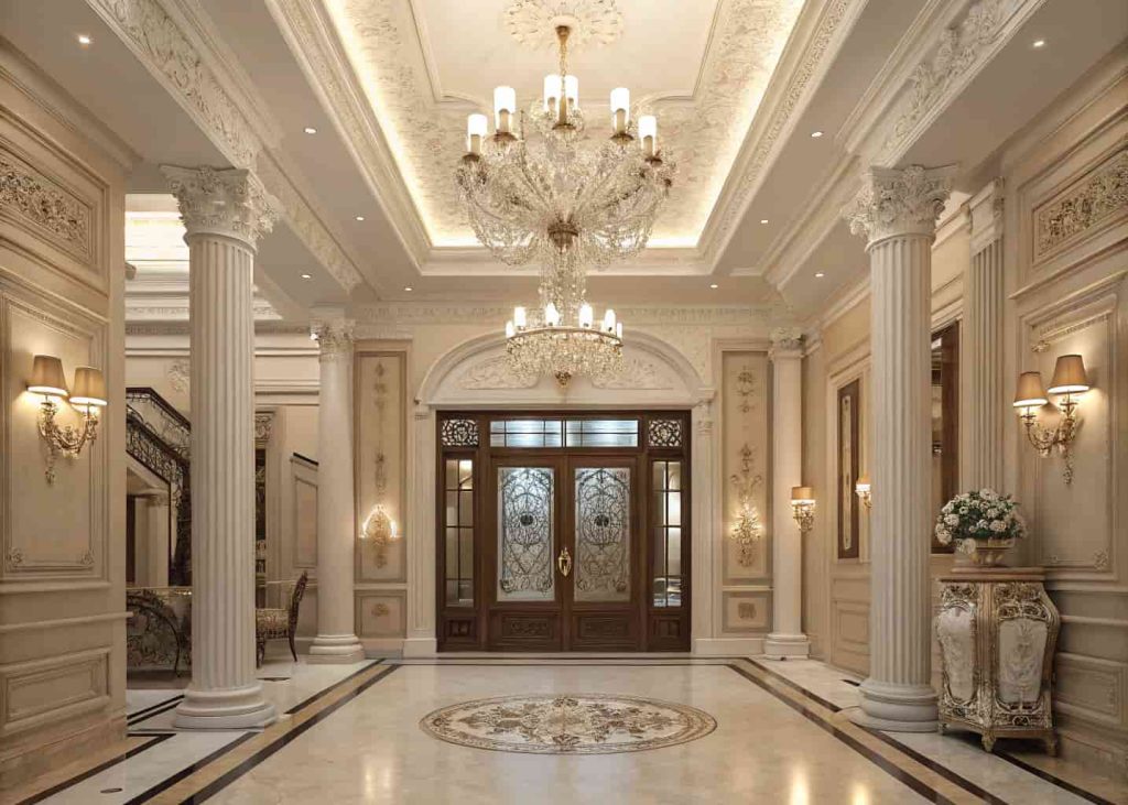 Symmetrical luxury classic home entrance decor, balanced lighting and decor, grand traditional entryway