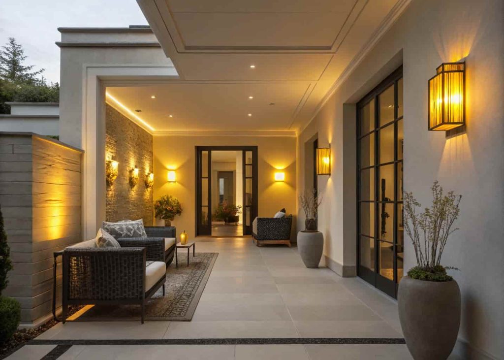 Home entrance decor with warm wall sconces, soft yellow lighting, elegant modern entryway, cozy and inviting atmosphere
