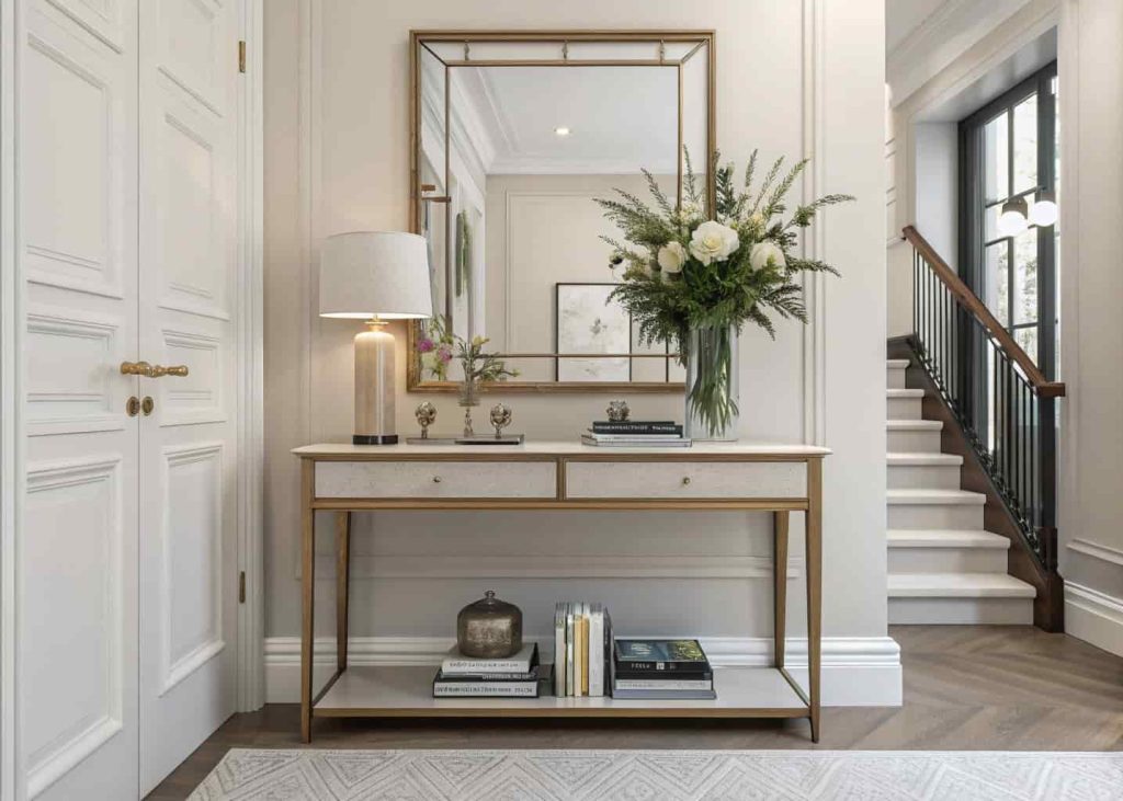 Modern console table in home entrance decor with mirror, vase, books, neutral colors, elegant and minimal interior