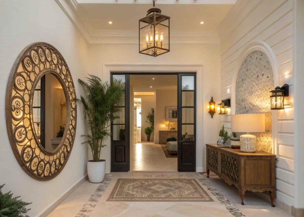 Elegant home entrance decor with decorative mirror, warm lighting, modern minimal interior, cozy and bright entryway
