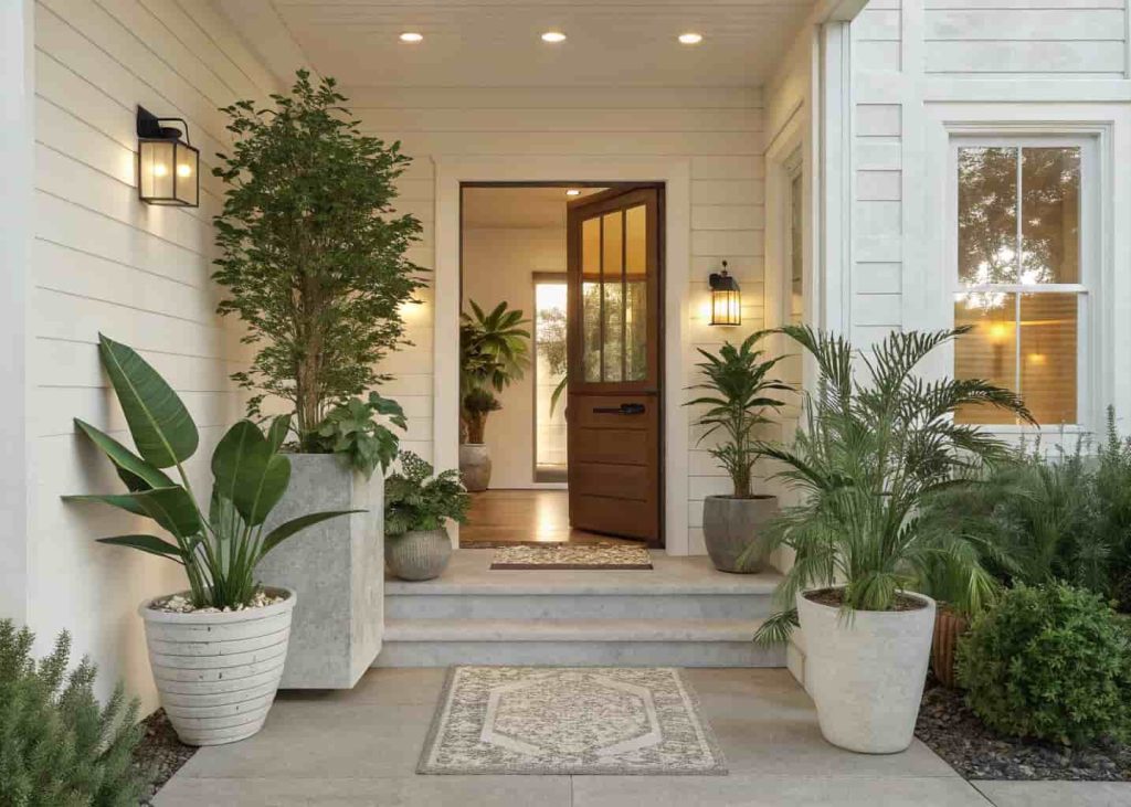 Home entrance decor with indoor plants, modern planters, fresh and natural entryway, soft neutral interior
